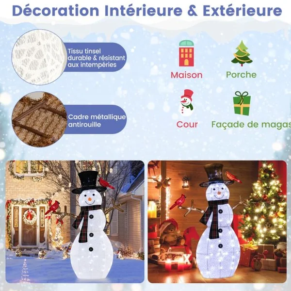 Décoration de Noël Illuminée 127 cm en Forme de Bonhomme de Neige avec des Oiseaux Rouges Pré-éclairé avec LED Blanc Froid Piquets de Noël