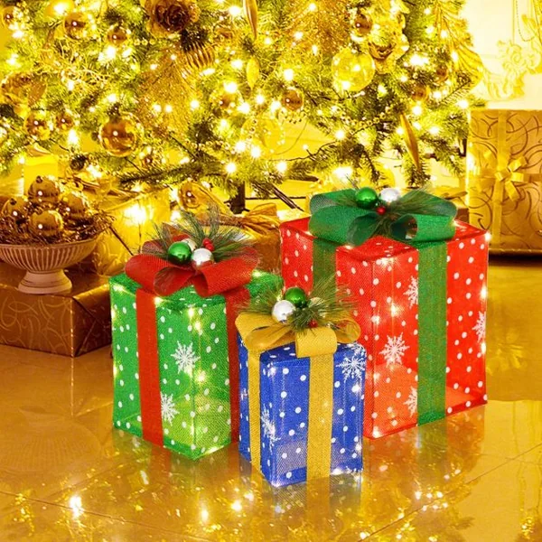 Décoration de Noël Paquet Cadeau de Noël 3 Pièces Paquet Cadeau Lumineux avec Boîtes Exquises avec 52 Lumières LED Pré-éclairées