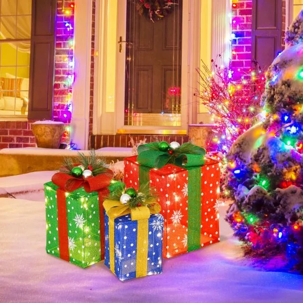 Décoration de Noël Paquet Cadeau de Noël 3 Pièces Paquet Cadeau Lumineux avec Boîtes Exquises avec 52 Lumières LED Pré-éclairées