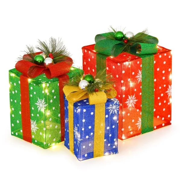 Décoration de Noël Paquet Cadeau de Noël 3 Pièces Paquet Cadeau Lumineux avec Boîtes Exquises avec 52 Lumières LED Pré-éclairées