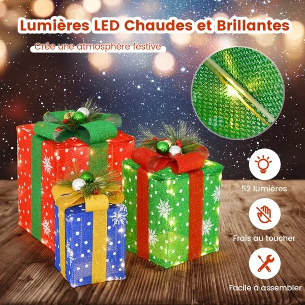Décoration de Noël Paquet Cadeau de Noël 3 Pièces Paquet Cadeau Lumineux avec Boîtes Exquises avec 52 Lumières LED Pré-éclairées