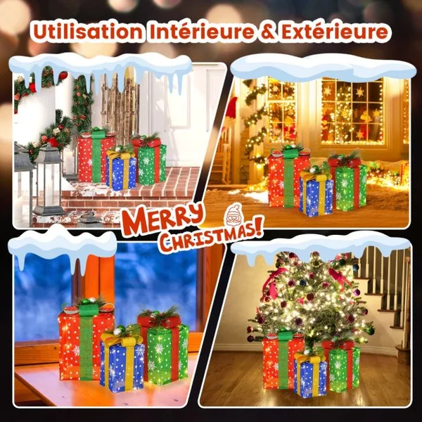 Décoration de Noël Paquet Cadeau de Noël 3 Pièces Paquet Cadeau Lumineux avec Boîtes Exquises avec 52 Lumières LED Pré-éclairées