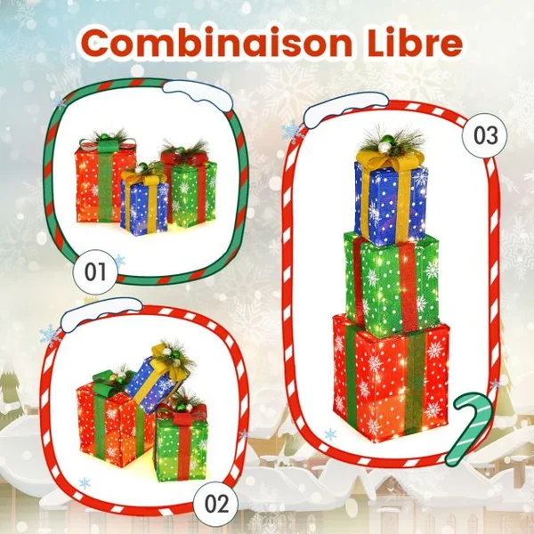 Décoration de Noël Paquet Cadeau de Noël 3 Pièces Paquet Cadeau Lumineux avec Boîtes Exquises avec 52 Lumières LED Pré-éclairées