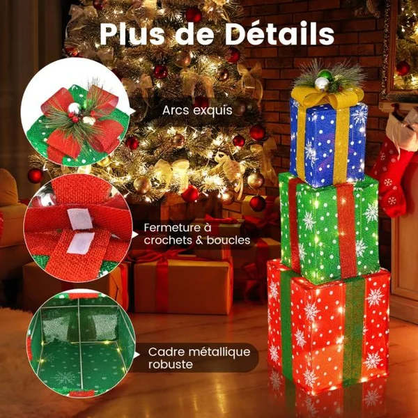 Décoration de Noël Paquet Cadeau de Noël 3 Pièces Paquet Cadeau Lumineux avec Boîtes Exquises avec 52 Lumières LED Pré-éclairées