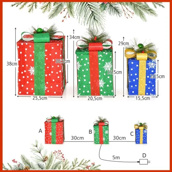 Décoration de Noël Paquet Cadeau de Noël 3 Pièces Paquet Cadeau Lumineux avec Boîtes Exquises avec 52 Lumières LED Pré-éclairées