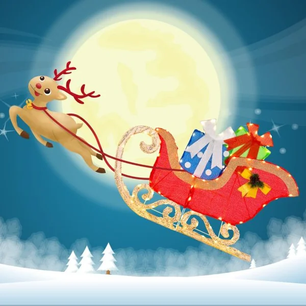 Décoration de Noël Traîneau 2D de 123 cm de Long Traîneau du Père Noël Éclairé 94 Lumières LED Chaudes et Lumineuses Pré-éclairées Piquets de Sol