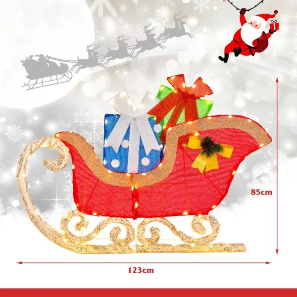 Décoration de Noël Traîneau 2D de 123 cm de Long Traîneau du Père Noël Éclairé 94 Lumières LED Chaudes et Lumineuses Pré-éclairées Piquets de Sol