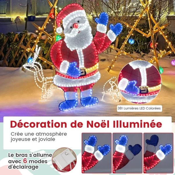 Décoration de Noël Éclairée de Père Noël Figurine de Père Noël de 125 cm avec Bras Mobiles 6 Modes d'Éclairage 381 Lumières LED Intérieure/Extérieure