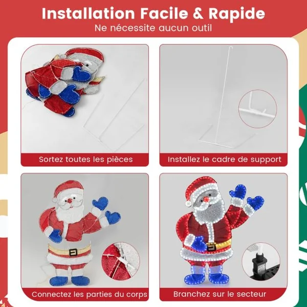Décoration de Noël Éclairée de Père Noël Figurine de Père Noël de 125 cm avec Bras Mobiles 6 Modes d'Éclairage 381 Lumières LED Intérieure/Extérieure