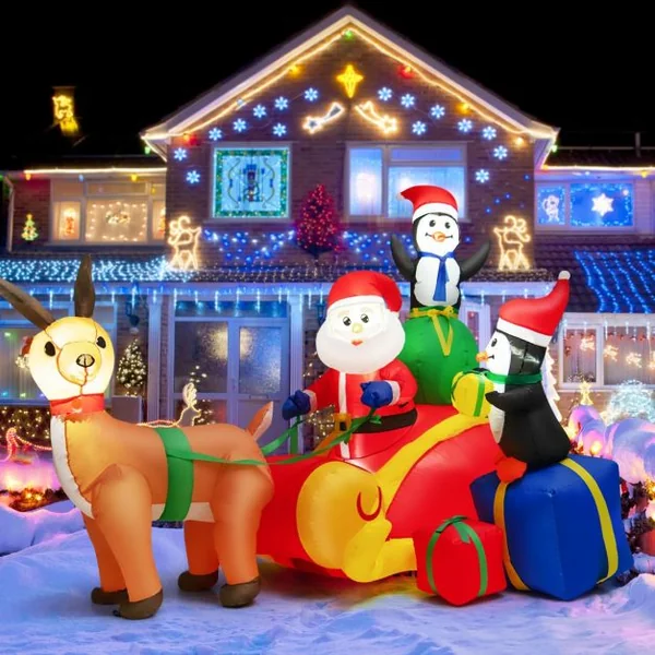 Décoration Gonflable de Noël 180cm de Père Noël et de Rennes en Traîneau Lumières LED pour Fête d'Intérieur/Extérieur