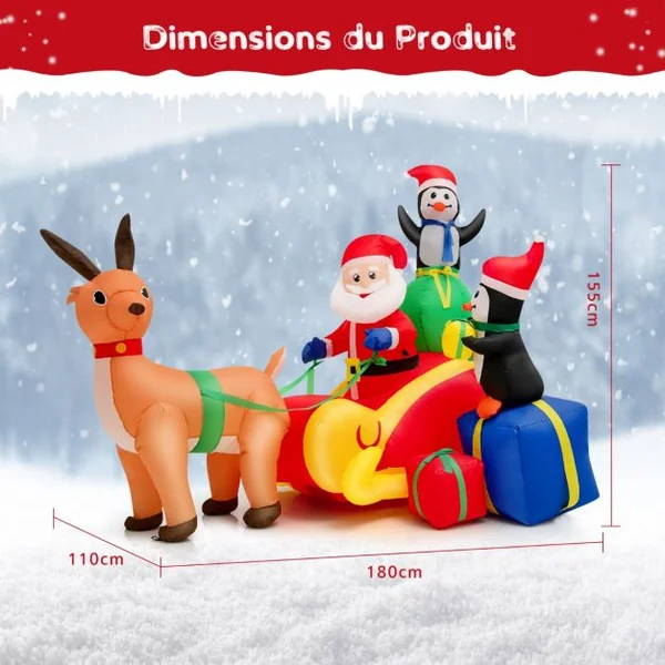 Décoration Gonflable de Noël 180cm de Père Noël et de Rennes en Traîneau Lumières LED pour Fête d'Intérieur/Extérieur