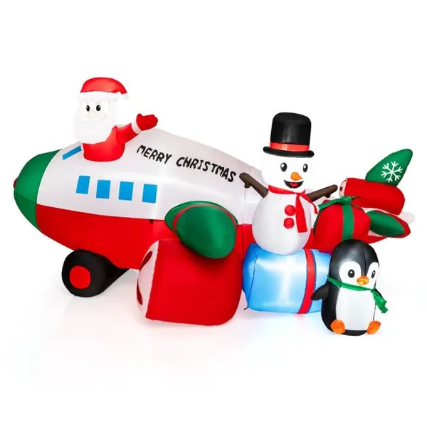 Décoration Gonflable de Noël 280cm de Long - Père Noël Gonflable en Hélicoptère - Bonhomme de Neige Pingouin Boîte-Cadeau