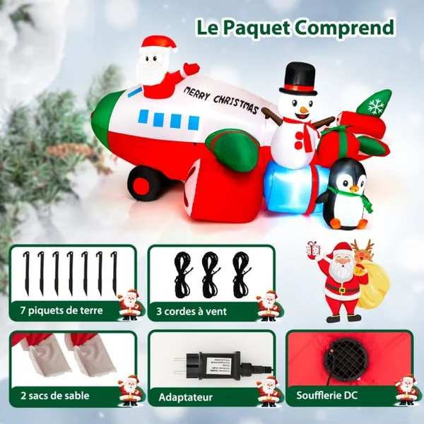 Décoration Gonflable de Noël 280cm de Long - Père Noël Gonflable en Hélicoptère - Bonhomme de Neige Pingouin Boîte-Cadeau