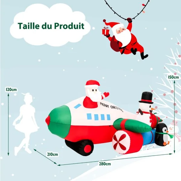 Décoration Gonflable de Noël 280cm de Long - Père Noël Gonflable en Hélicoptère - Bonhomme de Neige Pingouin Boîte-Cadeau