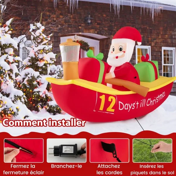 Décoration Gonflable de Noël Bateau à Rames et Père Noël Long de 210 cm Décoration de Noël avec LED et Souffleur d'Air