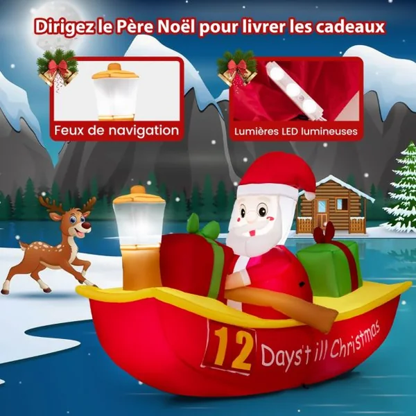 Décoration Gonflable de Noël Bateau à Rames et Père Noël Long de 210 cm Décoration de Noël avec LED et Souffleur d'Air