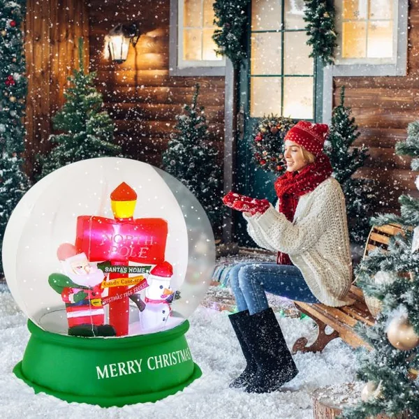 Décoration Gonflable de Noël Boule à Neige de 126 cm Décoration Père Noël avec LED et Souffleur d'Air Bonhomme de Neige et Panneau de Signalisation