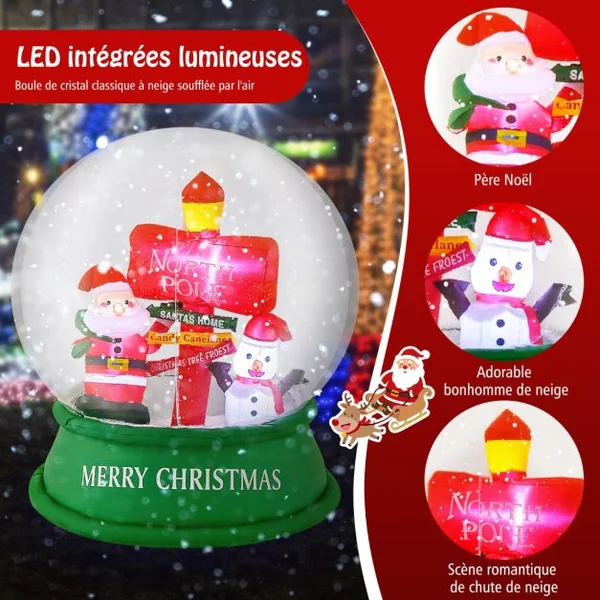 Décoration Gonflable de Noël Boule à Neige de 126 cm Décoration Père Noël avec LED et Souffleur d'Air Bonhomme de Neige et Panneau de Signalisation