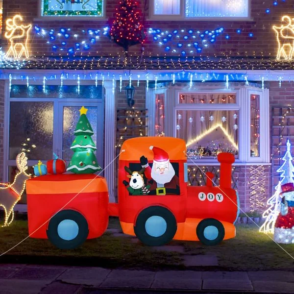 Décoration Gonflable de Noël Train et Père Noël Long 260 cm Décoration de Noël avec LED et Souffleur d'Air Intégré Cerf Arbre de Noël avec Sac de Rangement