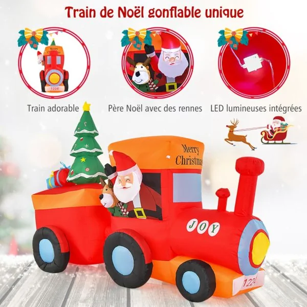 Décoration Gonflable de Noël Train et Père Noël Long 260 cm Décoration de Noël avec LED et Souffleur d'Air Intégré Cerf Arbre de Noël avec Sac de Rangement