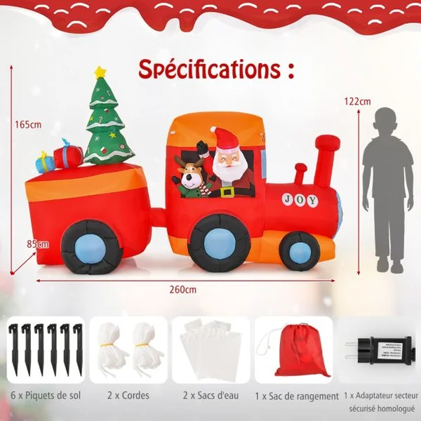 Décoration Gonflable de Noël Train et Père Noël Long 260 cm Décoration de Noël avec LED et Souffleur d'Air Intégré Cerf Arbre de Noël avec Sac de Rangement