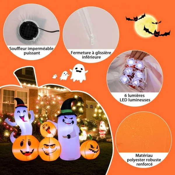 Décoration Gonflable d'Halloween de 170 cm de Long avec 6 Lumières LED Intégrées Gonfleur Puissant
