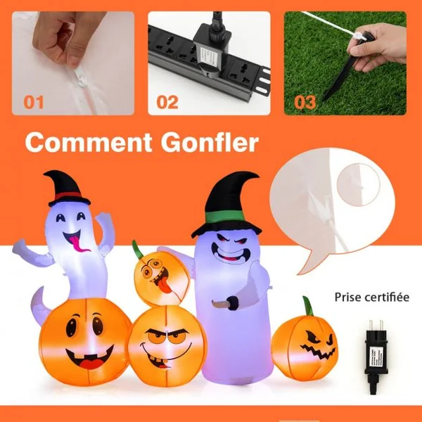 Décoration Gonflable d'Halloween de 170 cm de Long avec 6 Lumières LED Intégrées Gonfleur Puissant