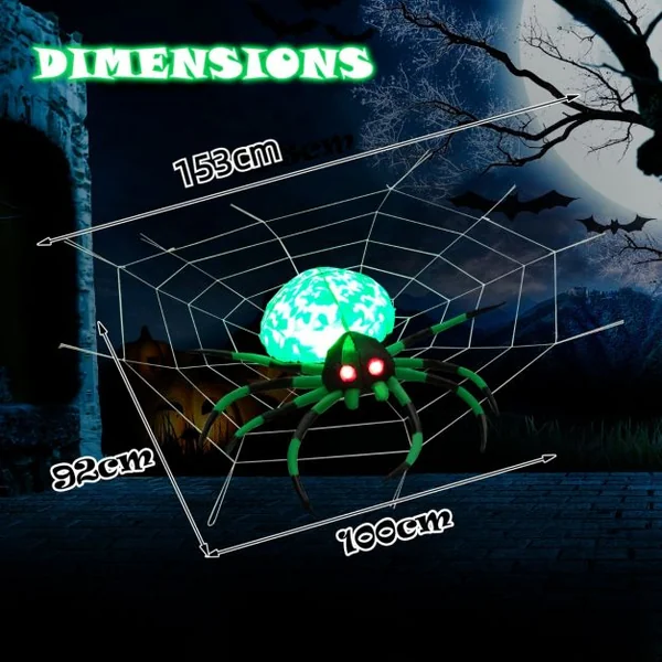 Décoration Halloween Araignée Effrayante Gonflable avec Toile d'Araignée 2 Lumières LED Yeux Rouges Lampe Rotative Etanche