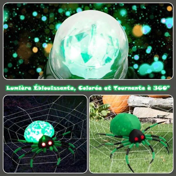 Décoration Halloween Araignée Effrayante Gonflable avec Toile d'Araignée 2 Lumières LED Yeux Rouges Lampe Rotative Etanche