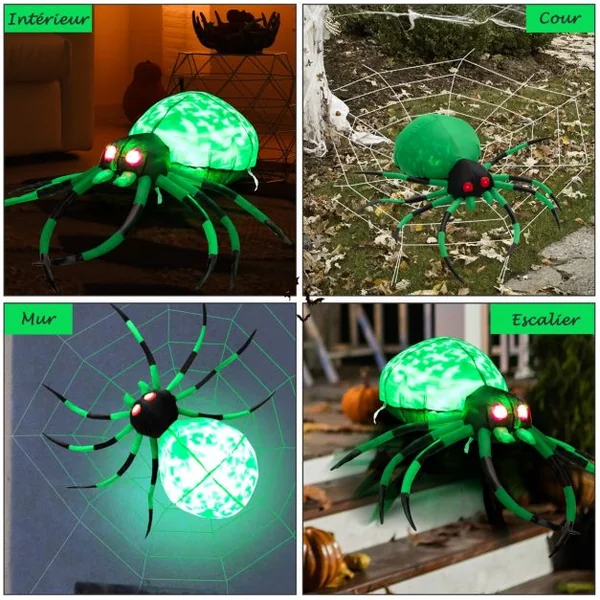 Décoration Halloween Araignée Effrayante Gonflable avec Toile d'Araignée 2 Lumières LED Yeux Rouges Lampe Rotative Etanche