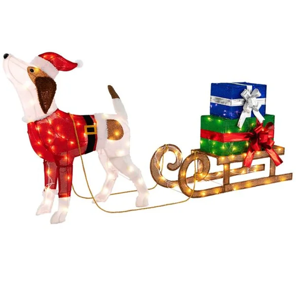 Décorations Lumineuses de Noël Ensemble Extérieur Pré-éclairé Chien & Traîneau & Boîtes Cadeaux avec 170 Lumières LED Chaudes pour Terrasse Cour