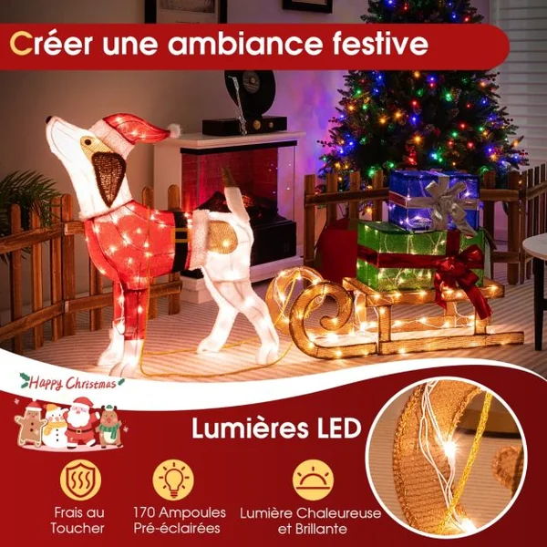Décorations Lumineuses de Noël Ensemble Extérieur Pré-éclairé Chien & Traîneau & Boîtes Cadeaux avec 170 Lumières LED Chaudes pour Terrasse Cour