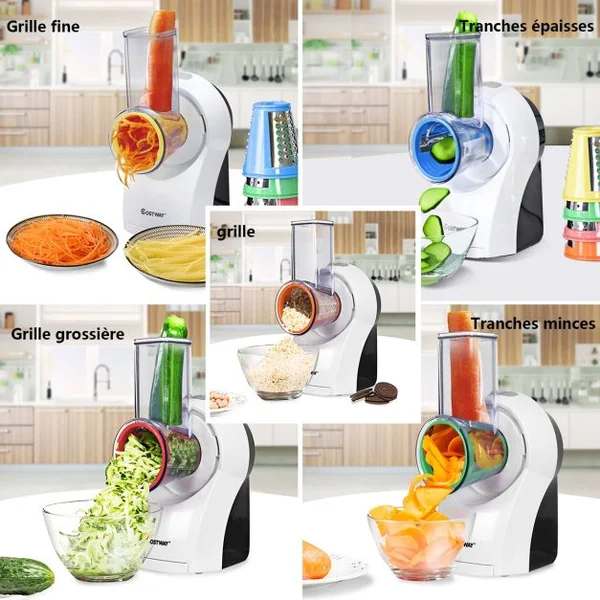 Découpe Légumes Électrique 150W Fonction 3 en 1 découpe mélangeur avec 5 lames Acier Inoxydable, 18x13x26cm, Noir&Blanc