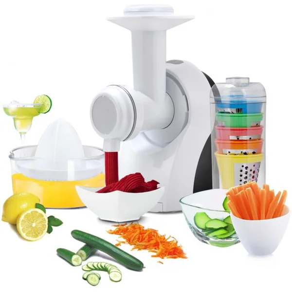 Découpe Légumes Électrique 150W Fonction 3 en 1 découpe mélangeur avec 5 lames Acier Inoxydable, 18x13x26cm, Noir&Blanc
