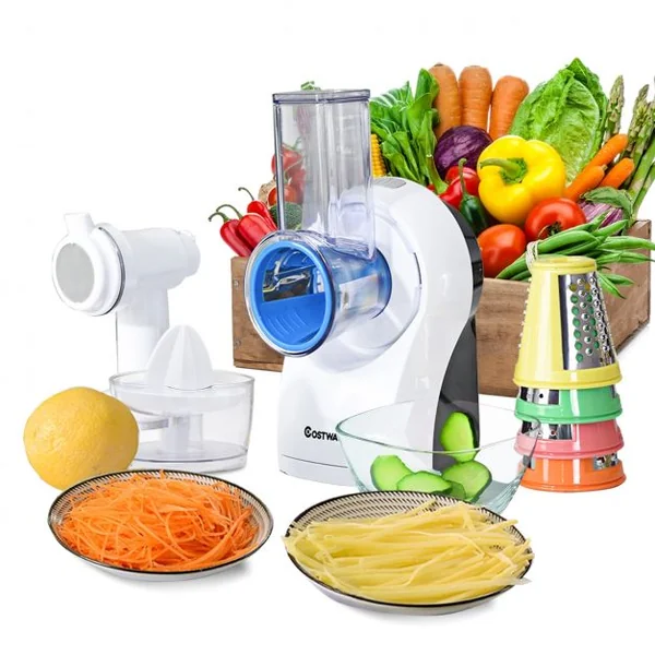 Découpe Légumes Électrique 150W Fonction 3 en 1 découpe mélangeur avec 5 lames Acier Inoxydable, 18x13x26cm, Noir&Blanc