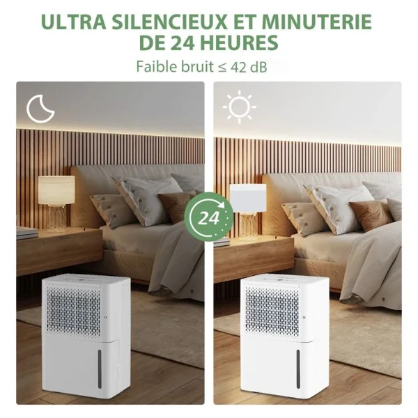 Déshumidificateur Portable 12L/Jour avec Réservoir d'Eau 2,1L pour Pièces jusqu'à 185 m² Modes Continu/Séchage/Auto Minuterie 24H Blanc