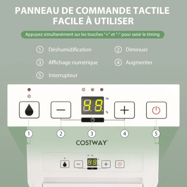 Déshumidificateur Portable 12L/Jour avec Réservoir d'Eau 2,1L pour Pièces jusqu'à 185 m² Modes Continu/Séchage/Auto Minuterie 24H Blanc