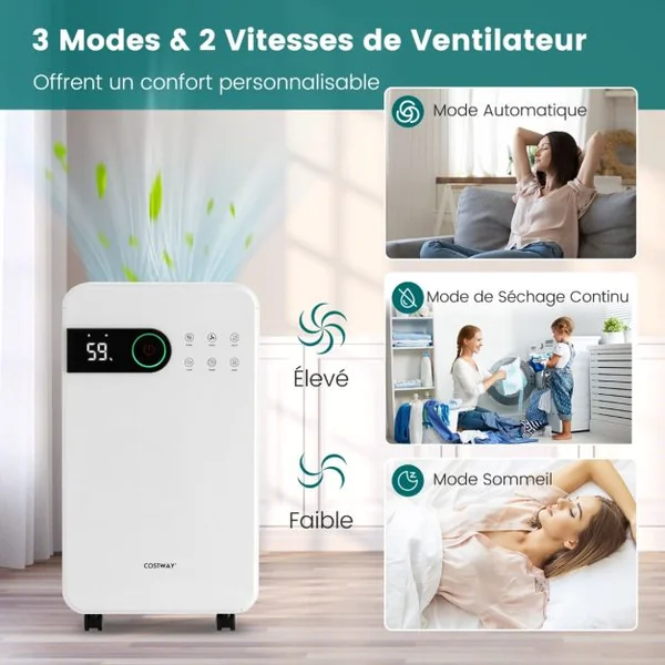 Déshumidificateur Portable 15L/Jour avec Réservoir d'Eau 2,3L pour Pièces jusqu'à 10-15㎡ 2 Vitesses de Ventilation Minuterie 24H 3 Modes 2 façons de Drainage
