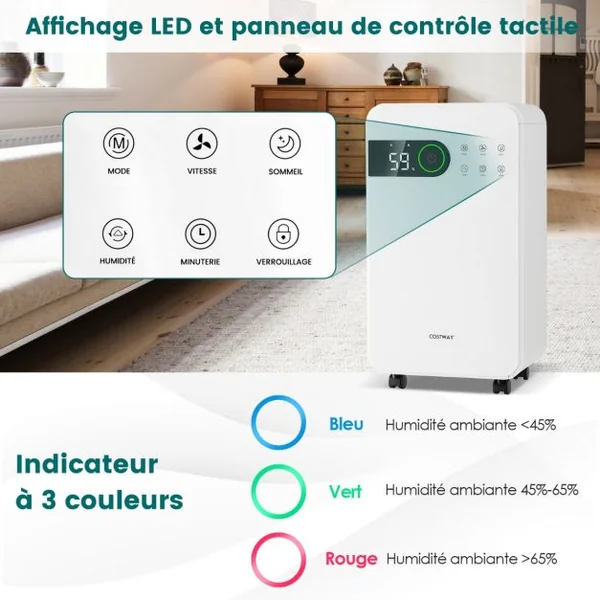 Déshumidificateur Portable 15L/Jour avec Réservoir d'Eau 2,3L pour Pièces jusqu'à 10-15㎡ 2 Vitesses de Ventilation Minuterie 24H 3 Modes 2 façons de Drainage