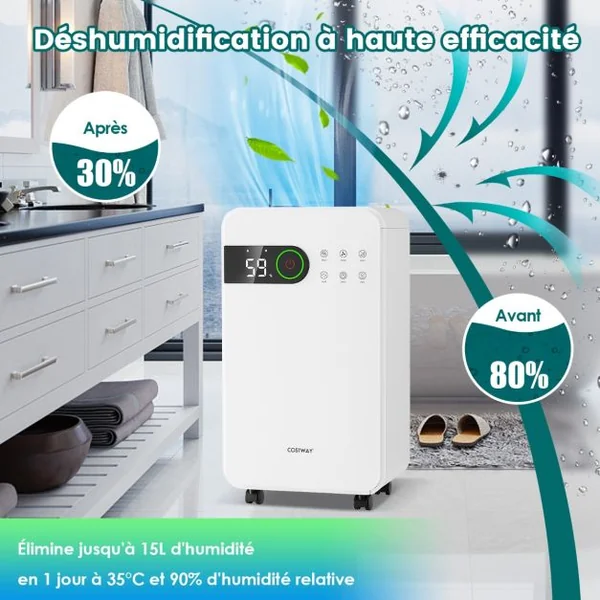 Déshumidificateur Portable 15L/Jour avec Réservoir d'Eau 2,3L pour Pièces jusqu'à 10-15㎡ 2 Vitesses de Ventilation Minuterie 24H 3 Modes 2 façons de Drainage