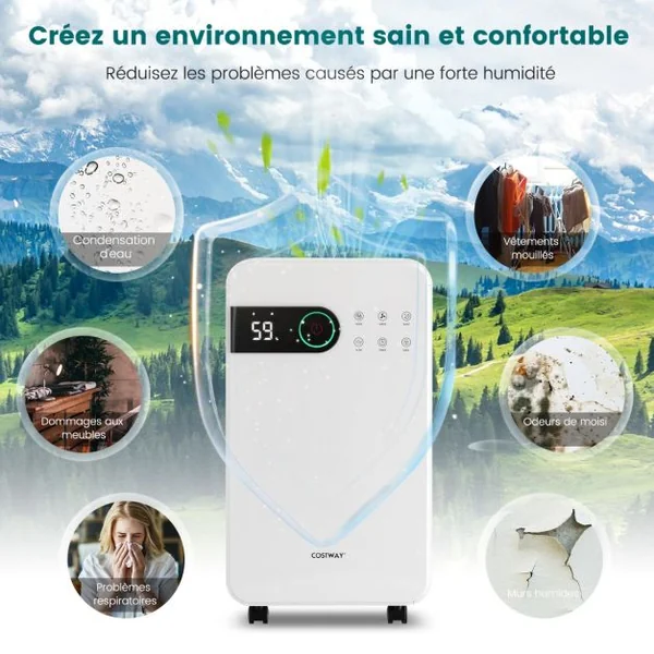 Déshumidificateur Portable 15L/Jour avec Réservoir d'Eau 2,3L pour Pièces jusqu'à 10-15㎡ 2 Vitesses de Ventilation Minuterie 24H 3 Modes 2 façons de Drainage