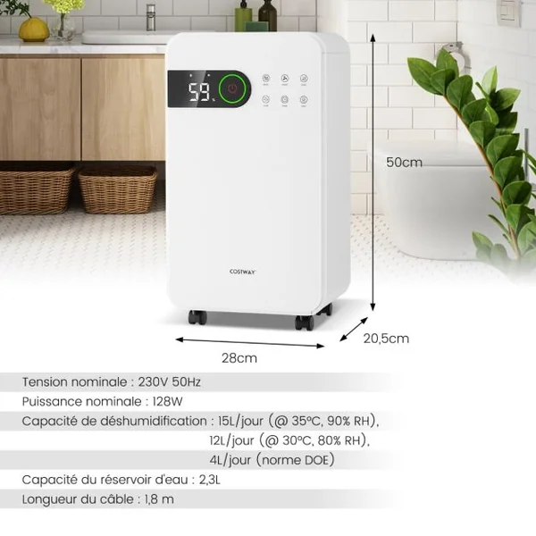 Déshumidificateur Portable 15L/Jour avec Réservoir d'Eau 2,3L pour Pièces jusqu'à 10-15㎡ 2 Vitesses de Ventilation Minuterie 24H 3 Modes 2 façons de Drainage