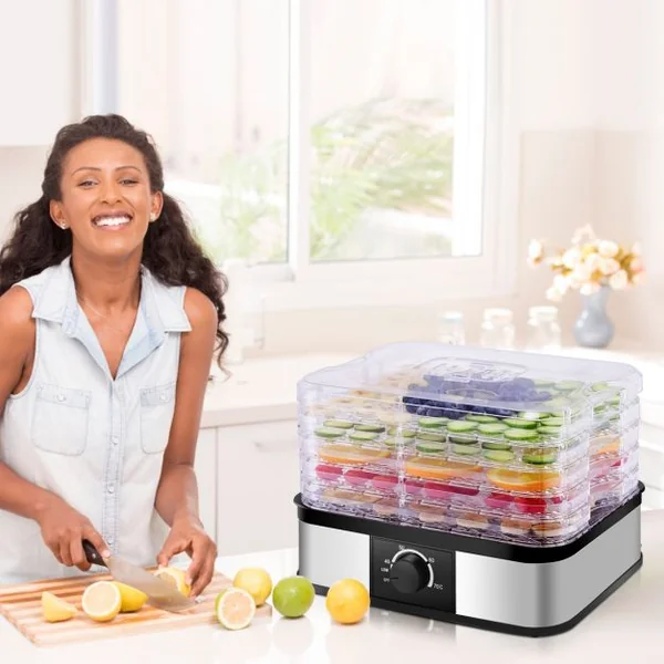 Déshydrateur Alimentaire 245W avec 5 Plateaux Transparents Empilables Température de 40°C à 70°C Sans BPA 32x24x22,5cm