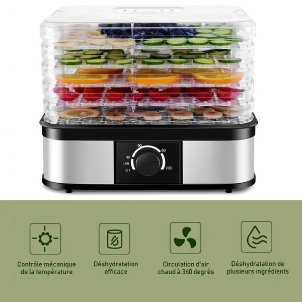 Déshydrateur Alimentaire 245W avec 5 Plateaux Transparents Empilables Température de 40°C à 70°C Sans BPA 32x24x22,5cm