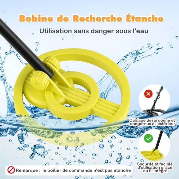 Détecteur de Métaux Enfants Profondeur 10cm Tige Réglable avec Bobine Étanche Rotative à 180° LCD Écran Alarme Sonore Haute Précision