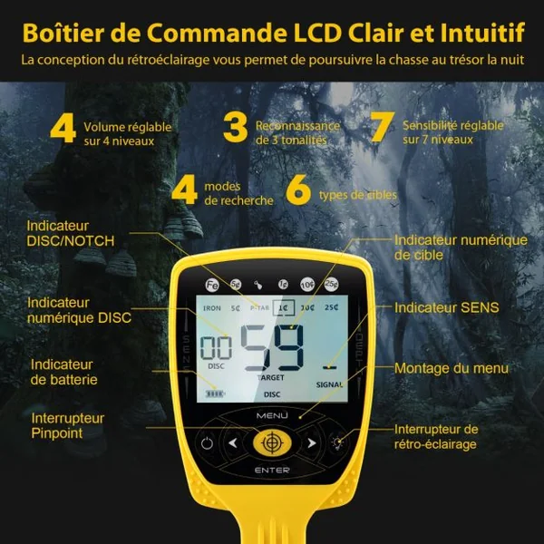 Détecteur de Métaux Professionnel Profondeur 30cm Hauteur Réglable avec Bobine Étanche 4 Modes Fonction de Mémoire LCD Écran