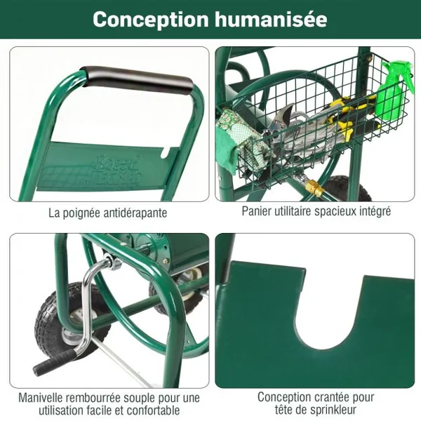 Dévidoir de Tuyau d’Arrosage avec 4 Roulettes Chariot pour 1.7m de Tuyau d’Arrosage Panier, 95x62x113cm, Vert
