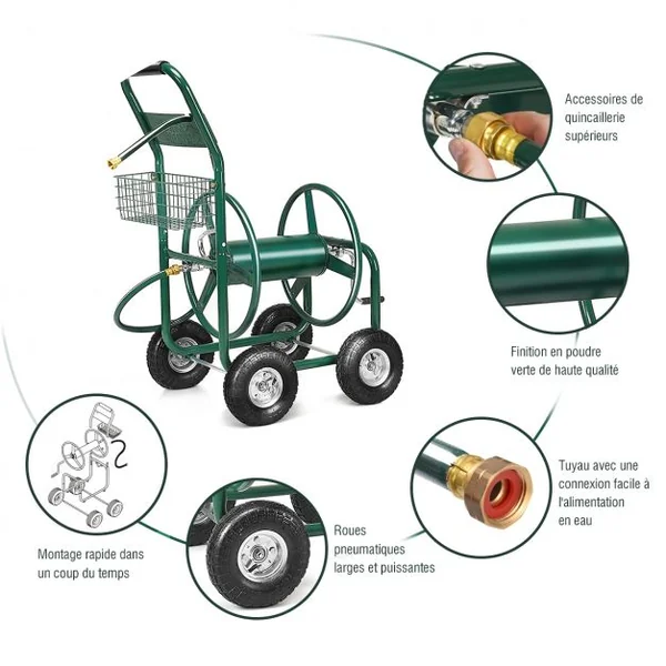 Dévidoir de Tuyau d’Arrosage avec 4 Roulettes Chariot pour 1.7m de Tuyau d’Arrosage Panier, 95x62x113cm, Vert