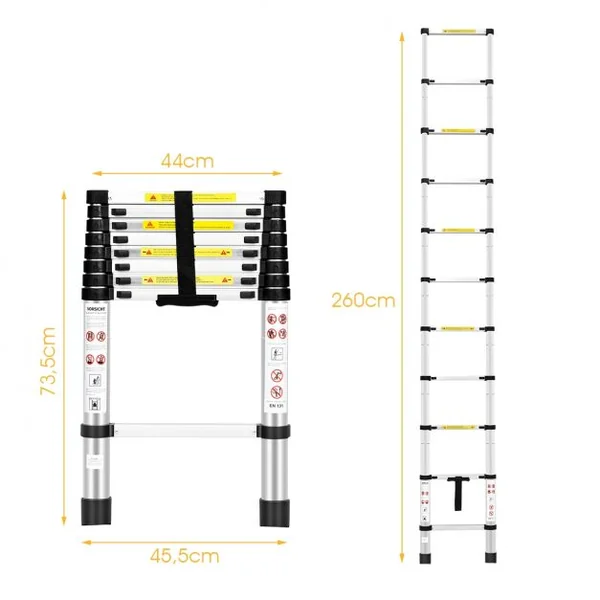 Echelle Télescopique 26m Capacité 150 Kg Intérieur Extérieur Hauteur Pliée 735 Cm Ouverte 260 Cm en Aluminium