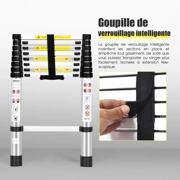 Echelle Télescopique 26m Capacité 150 Kg Intérieur Extérieur Hauteur Pliée 735 Cm Ouverte 260 Cm en Aluminium